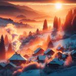 peisaj de iarna intr-un sat din bucovina, soarele la apus
