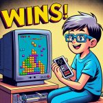 boy playing Tetris on a cathode ray tube screen, win